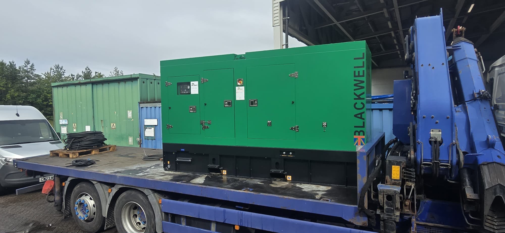 220 kVA Blackwell diesel generator on a delivery truck for the Merseyside standby power project