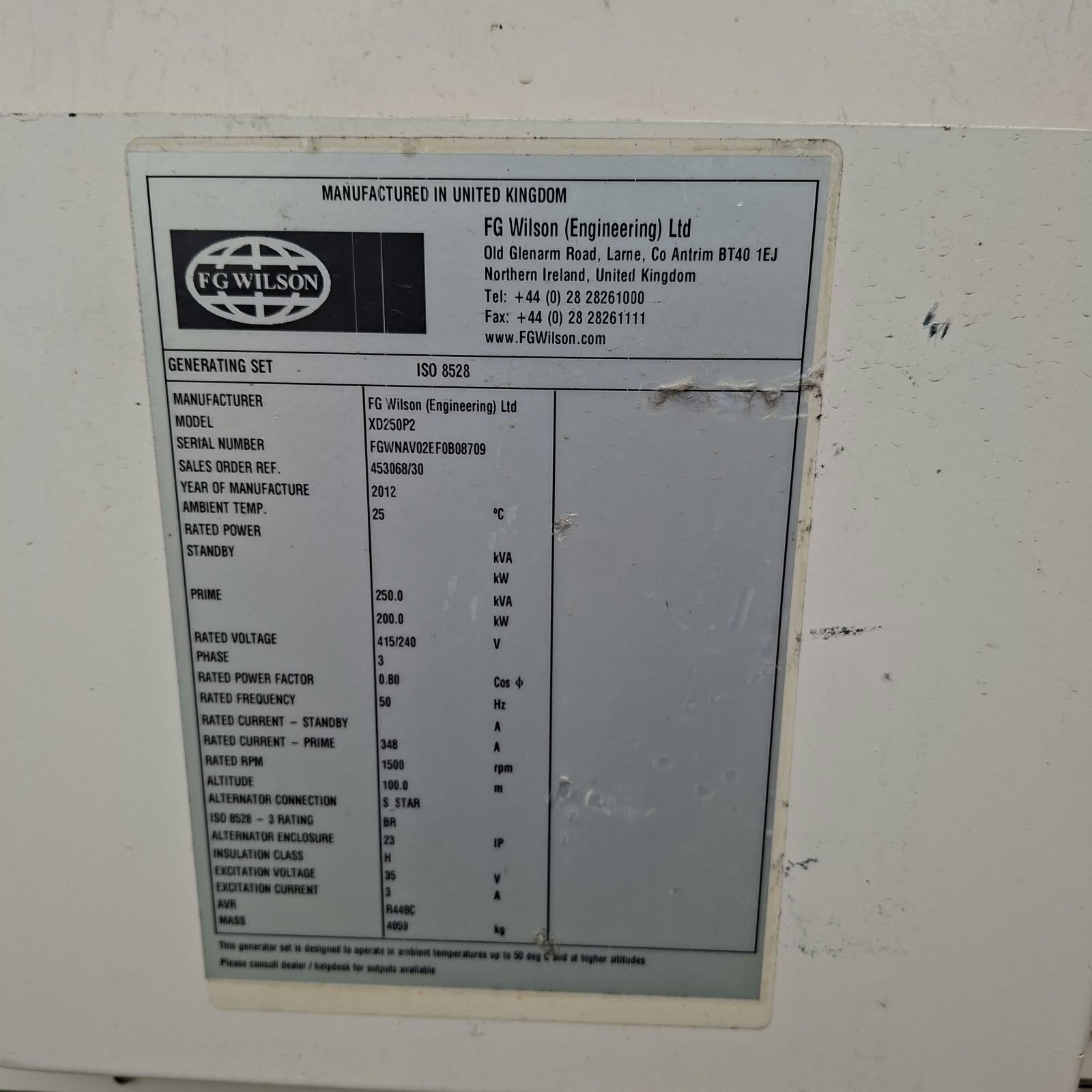 250 kVA FG Wilson XD250P2 Used Diesel Generator photograph 5